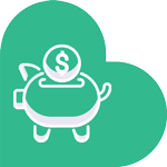 A green, cloud-shaped background with a white outline of a piggy bank in the foreground. A veterinarian drops a coin with a dollar sign into the piggy bank, symbolizing savings or financial growth.