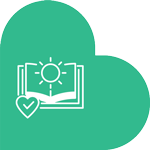 Green cloud-shaped icon with a white outline of an open book. A sun and rays are drawn above the book's pages, and a heart symbol is located in the lower left corner of the cloud, embodying care and knowledge akin to a veterinarian's dedication.