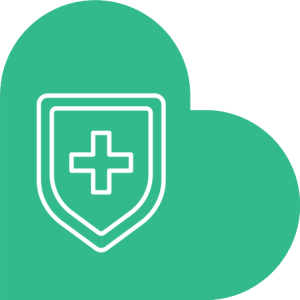 A green icon shaped like a heart with a white outline of a shield in the center. Inside the shield is a plus sign, symbolizing veterinary health or medical care, ideal for vet-related services.