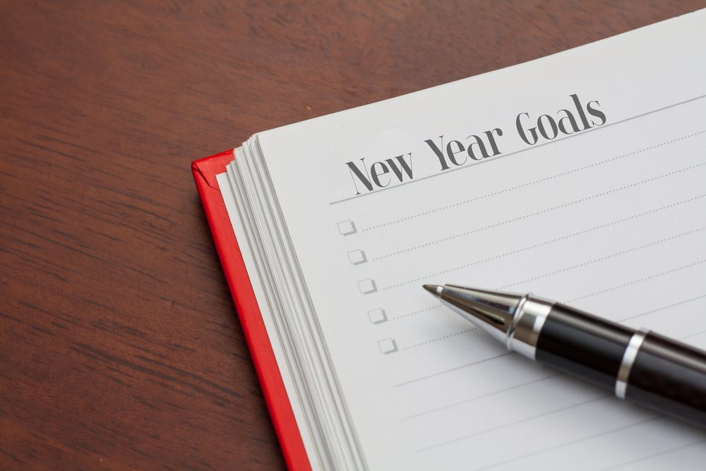 A pen rests on an open notebook with "New Year Goals" written at the top. The page, ready for a future veterinarian's ambitions, has a list format with empty checkboxes. The red-covered notebook sits invitingly on a wooden surface, waiting for aspirations to fill its pages.