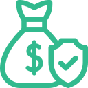 A green icon displays a money bag with a dollar sign alongside a shield with a check mark, symbolizing financial security or protection. It's akin to the peace of mind you experience when knowing your pet is safe under the care of a trusted vet.