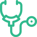 Icon of a green stethoscope on a white background, reflecting the compassionate touch of a veterinarian.